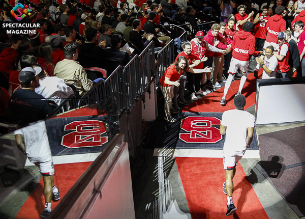 N.C. State players run on to the court during pregame introductions before matchup against Notre Dame on Wednesday, Jan. 8, at PNC Arena in Raleigh, N.C. NCST defeated ND 73-68.