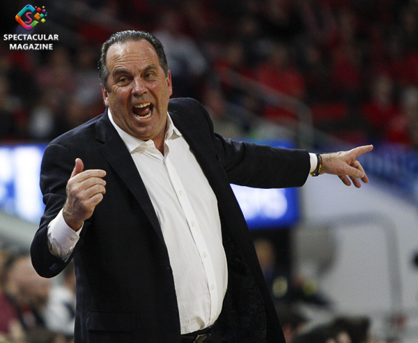 Notre Dame's head coach Mike Brey yells toward his bench durng the first half of their game against N.C. State on Wednesday, Jan. 8, at PNC Arena in Raleigh, N.C. NCST defeated ND 73-68.