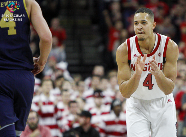 N.C. State's Jericole Hellems celebrates during the second half of their game against Notre Dame on Wednesday, Jan. 8, at PNC Arena in Raleigh, N.C. NCST defeated ND 73-68.