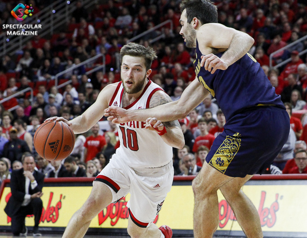 N.C. State's Braxton Beverly drives to the basket against Notre Dame's Nikola Djogo during the second half on Wednesday, Jan. 8, at PNC Arena in Raleigh, N.C. NCST defeated ND 73-68.