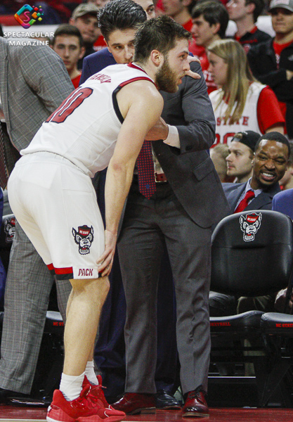 N.C. State's Braxton Berverly grabs leg due to discomfort during the second half against Notre Dame on Wednesday, Jan. 8, at PNC Aretena in Raleigh, N.C. NCST defeated ND 73-68.