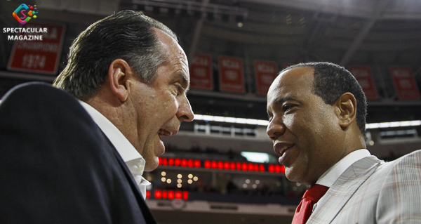 Notre Dame coach Mike Brey (left) and N.C. State head coach Kevin Keatts (right) meet at halfcourt before game on Wednesday, Jan. 8, at PNC Arena in Raleigh, N.C. NCST defeated ND 73-68.
