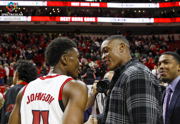 N.C. State's Markell Johnson (left) and C.J. Bryce (right) celebrate after defeating Notre Dame 73-68 on Wednesday, Jan. 8, at PNC Arena in Raleigh, N.C.