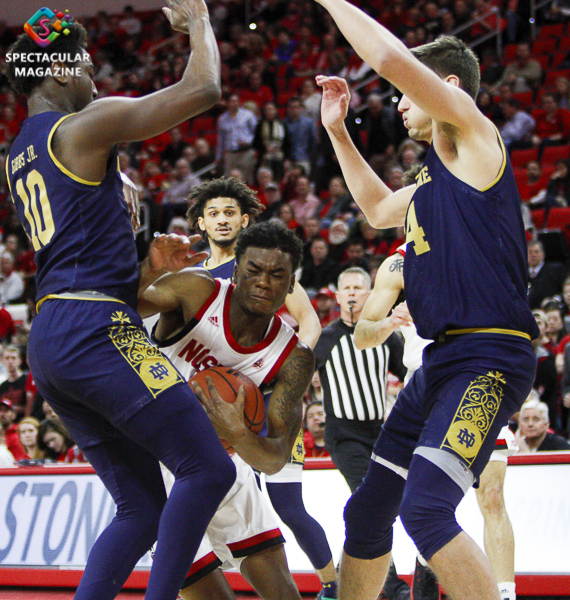 N.C. State's Markell Johnson drives to the basket against Notre Dame defenders during the second half on Wednesday, Jan. 8, at PNC Arena in Raleigh, N.C. NCST defeated ND 73-68.