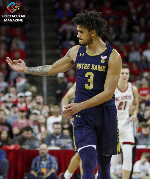 Notre Dame's Prentice Hubb holds up three fingers after scoring a 3-pointer against N.C. State during the first half on Wednesday, Jan. 8, at PNC Arena in Raleigh, N.C. NCST defeated ND 73-68.
