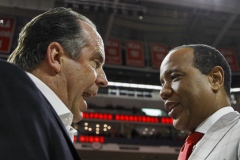 Notre Dame coach Mike Brey (left) and N.C. State head coach Kevin Keatts (right) meet at halfcourt before game on Wednesday, Jan. 8, at PNC Arena in Raleigh, N.C. NCST defeated ND 73-68.