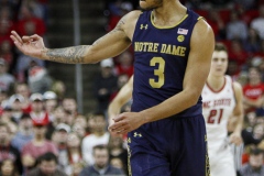 Notre Dame's Prentice Hubb holds up three fingers after scoring a 3-pointer against N.C. State during the first half on Wednesday, Jan. 8, at PNC Arena in Raleigh, N.C. NCST defeated ND 73-68.