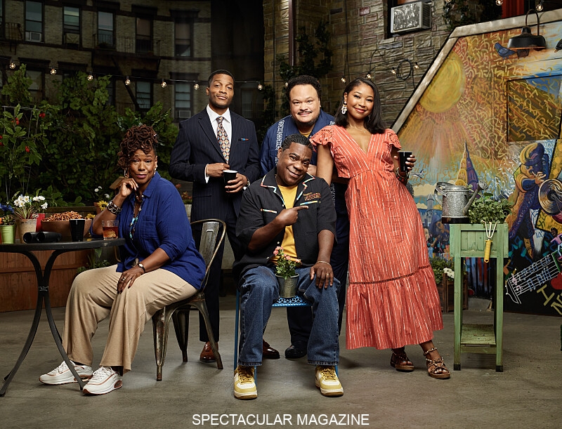 L-R: Kecia Lewis as Antoinette, Jermaine Fowler as Jake,Tracy Morgan as Francois “Frank” Crutchfield, Adrian Martinez as Flaco and Adrianna Mitchell as Jamilah in Crutch, season 1 streaming on Paramount+, 2025. Photo Credit: Mary Ellen Matthews/Paramount+