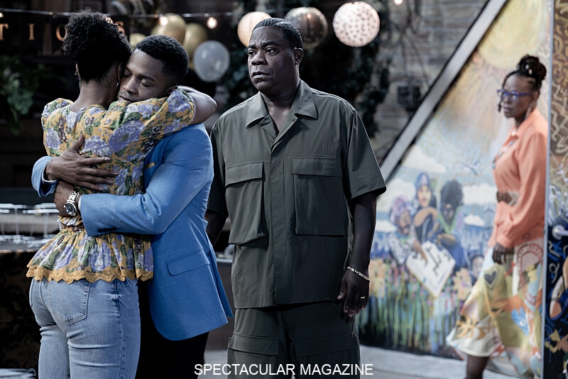 L-R: Adrianna Mitchell as Jamilah, Jermaine Fowler as Jake, Tracy Morgan as Francois “Frank” Crutchfield and Kecia Lewis as Antoinette in Crutch, episode 1, season 1 streaming on Paramount+, 2025. Photo Credit: JoJo Whilden/Paramount+