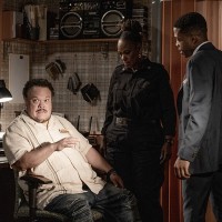 L-R: Adrian Martinez as Flaco, Kecia Lewis as Antoinette, and Jermaine Fowler as Jake in Crutch, episode 2, season 1 streaming on Paramount+, 2025. Photo Credit: David Giesbrecht/Paramount+