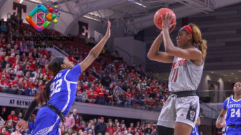 Wolfpack guard Kiara Leslie shoots jump shot over Kentucky guard Jaida Roper