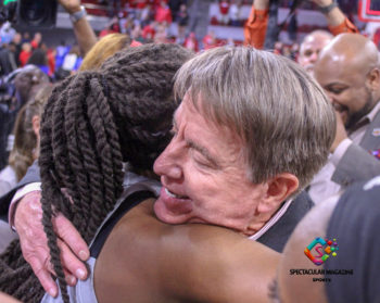 Wolfpack head coach hugs senior DD Rogers in her final game in Reynolds Coliseum.