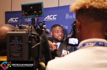 Quentin Harris talking to the press at the 2019 ACC Kickoff. Photo courtesy of Tsega Kidane.