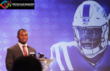 Koby Quansah talking to the press at the 2019 ACC Kickoff. Photo courtesy of Tsgea Kidane.