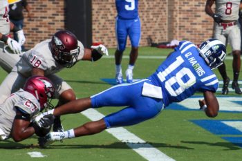 Duke quarterback Quentin Harris diving for a touchdown in a 55-13 victory against NCCU on Saturday, Sept 22, 2018 at Wallace Wade Stadium in Durham, N.C. Photo courtesy of Lawrence Davis.