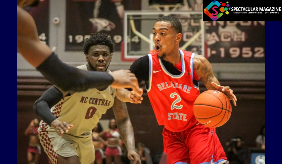 Kevin Larking of Delaware State University driving the basketball while being guarded by Larry McKnight of North Carolina Central University on Monday, February 11, 2018