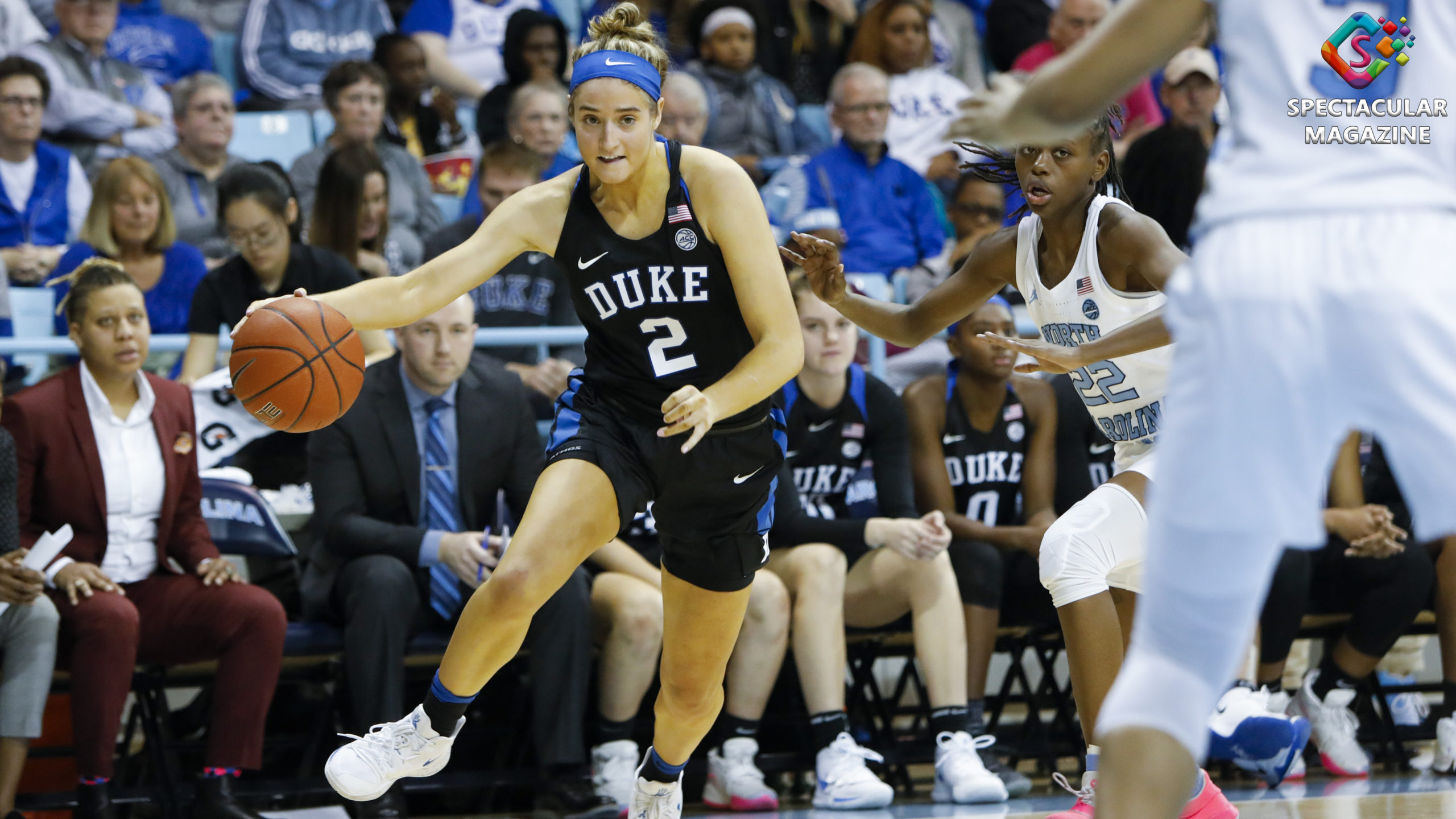 Duke's Haley Gorecki drives to the basket against North Carolina's Shayla Bennett at Carmichael Arena in Chapel Hill, N.C., Sunday, Mar. 1, 2020. Duke defeated UNC 73-54.