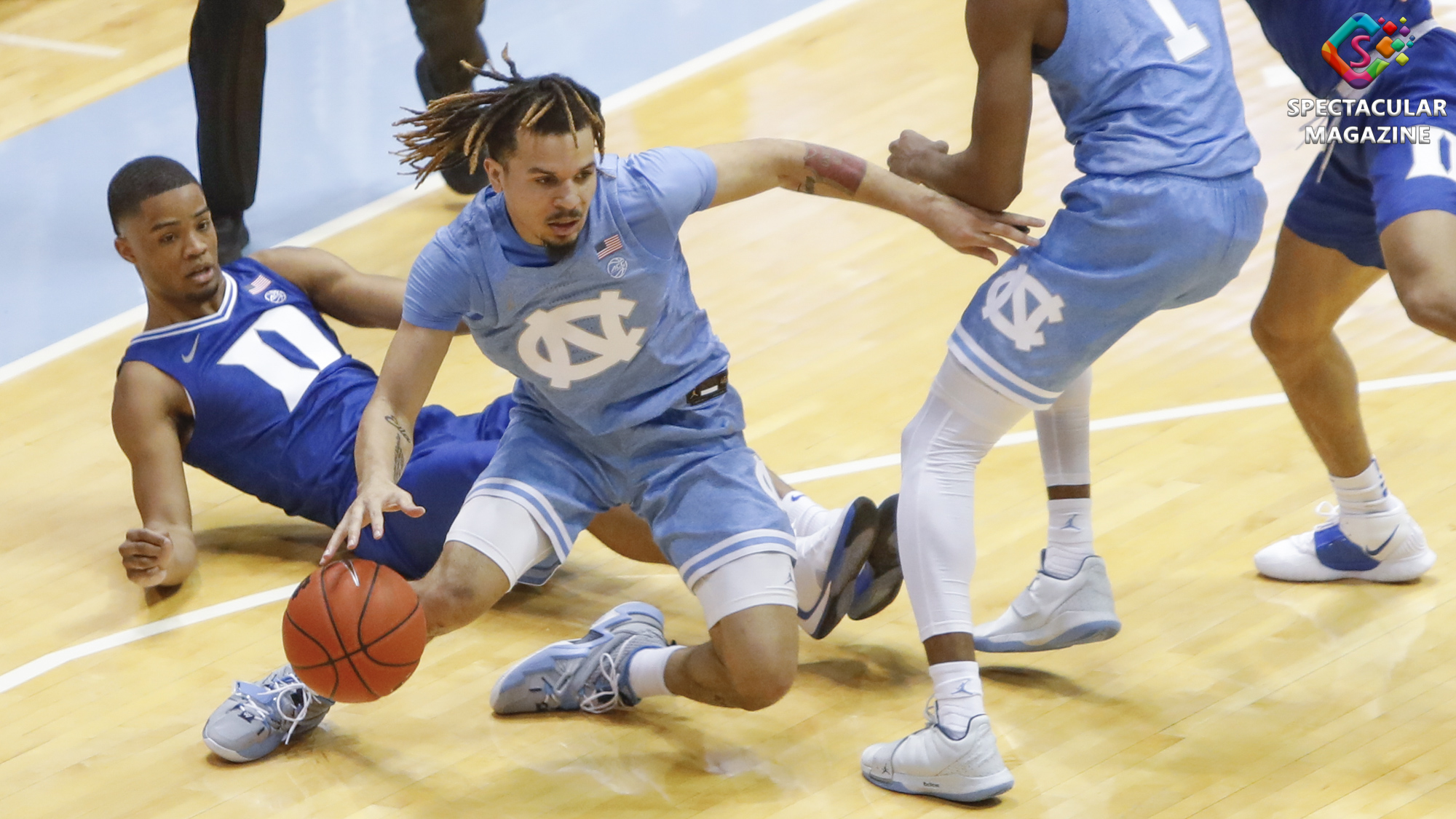 North Carolina's Cole Anthony dribbles the ball away from Duke's Cassius Stanley at the Dean E. Smith Center in Chapel Hill, N.C., Saturday, Feb. 8, 2020. Duke defeated UNC 98-96 in OT.