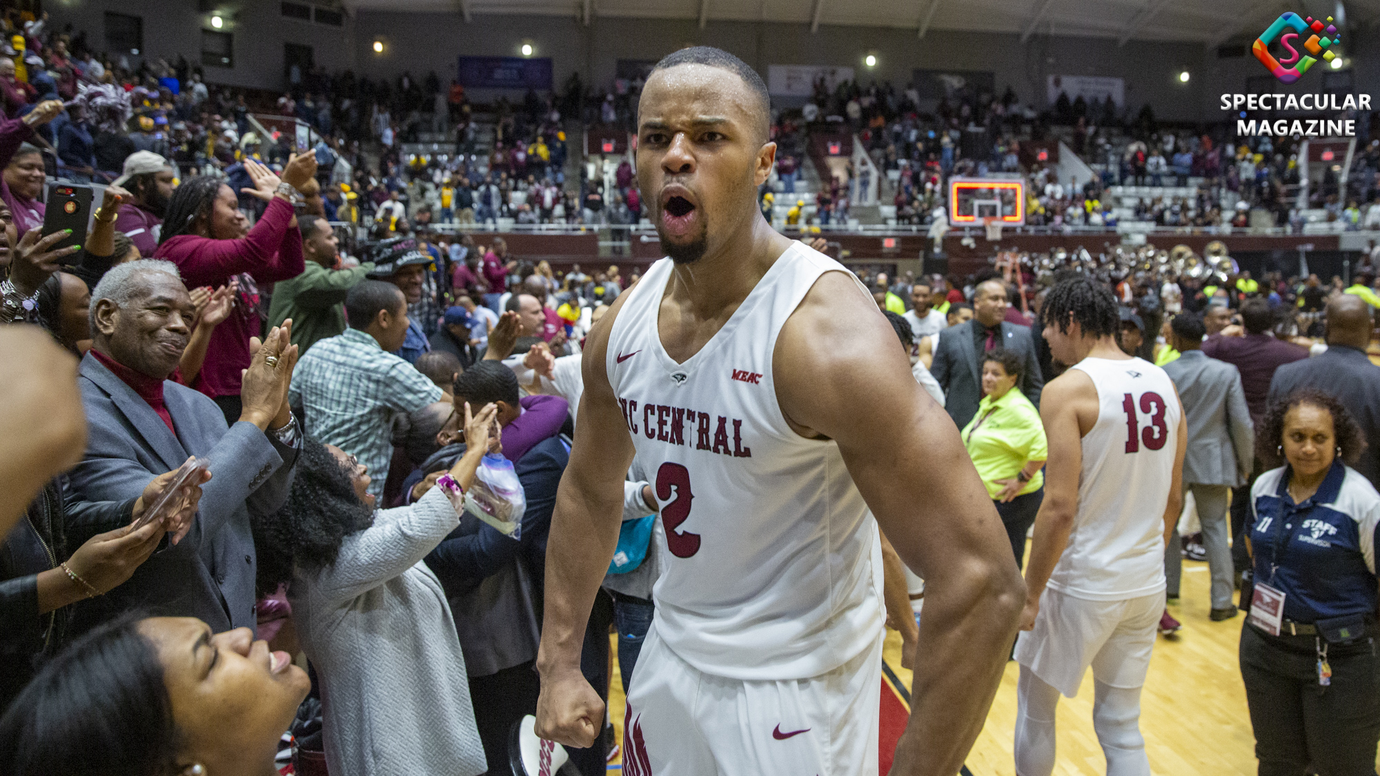NCCU forward Jibri Blount celebrates with crowd after defeating N.C. A&T 86-80 in the MEAC Regular-Season Championship game at McDougald-McLendon Arena in Durham, N.C., Thursday, Mar. 6, 2020.