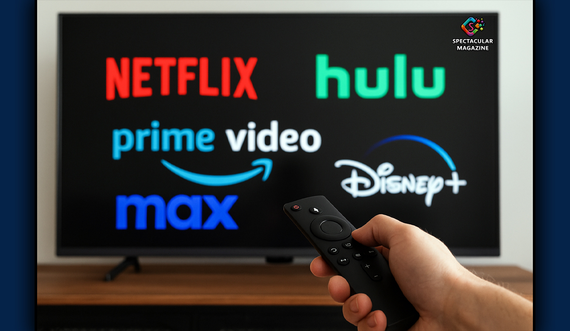 hand holds a remote control pointed at a flat-screen TV displaying logos of popular streaming services like Netflix, Hulu, Disney+, and Max.