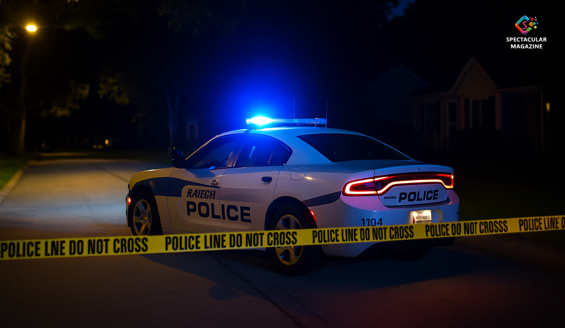 Raleigh police car with flashing lights behind crime scene tape on Lake Hill Road after early morning shooting.