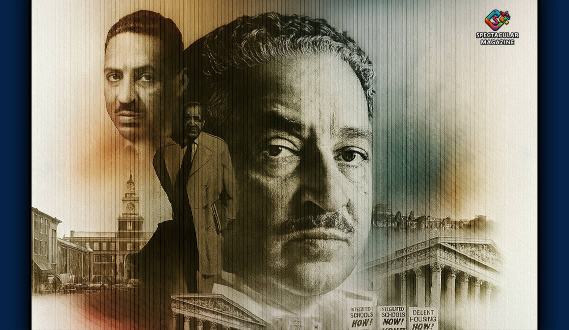 Collage-style graphic featuring portraits of Thurgood Marshall, historic civil rights scenes, and U.S. Supreme Court imagery, symbolizing his legal legacy.