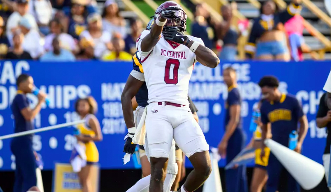 NCCU wide receiver Chauncey Spikes (#0) celebrates after scoring during the Eagles’ win over East Texas A&M, helping NCCU hold off a late comeback attempt.