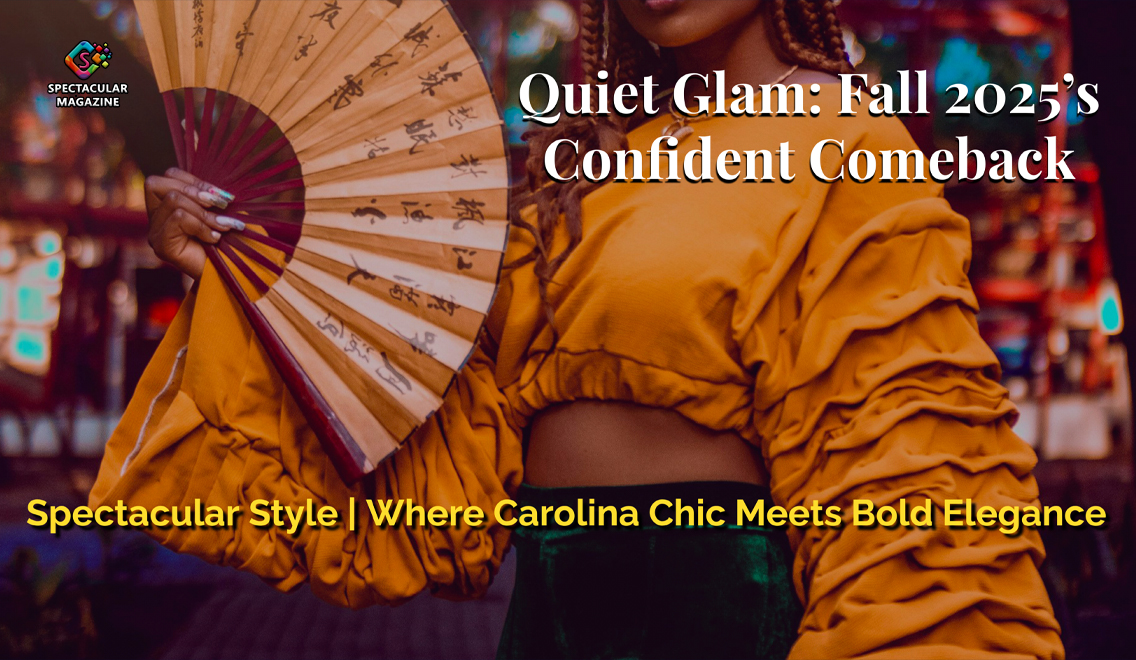 Model wearing fall 2025 fashion in deep jewel tones and metallic textures inspired by quiet glam — featured in Spectacular Style