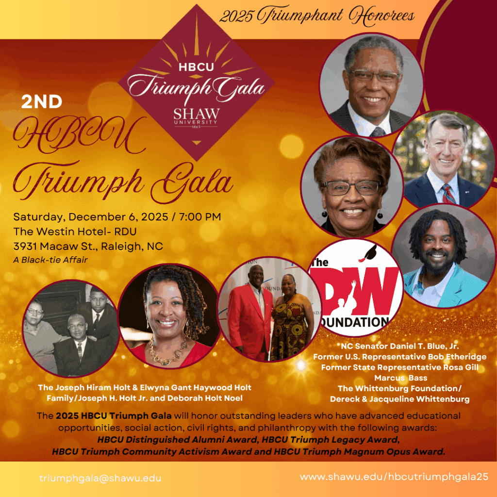 Promotional graphic for Shaw University’s 2nd Annual HBCU Triumph Gala, featuring honoree portraits and event details for the Dec. 6, 2025, celebration at The Westin–RDU.