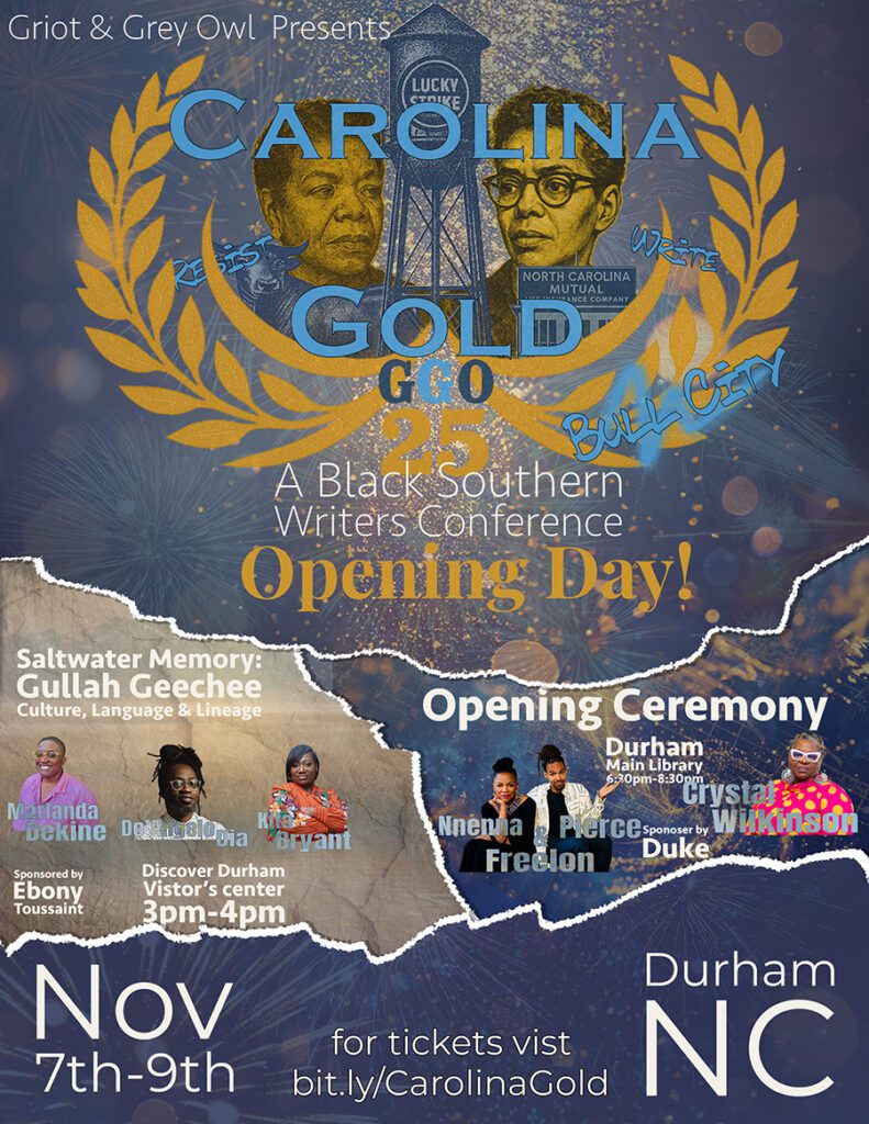 Promotional flyer for the 2025 Griot & Grey Owl Black Southern Writers Conference, featuring guest speakers and event details.