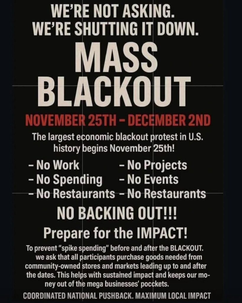 Mass Blackout flyer calling for nationwide economic protest and spending halt from November 25 to December 2