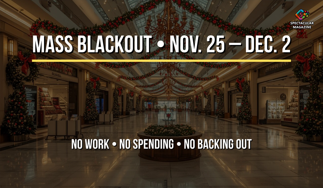 A nearly empty shopping mall decorated with Christmas garlands and red ornaments, symbolizing the economic protest of the Mass Blackout movement from November 25 to December 2, which urges no spending or shopping during Black Friday week.