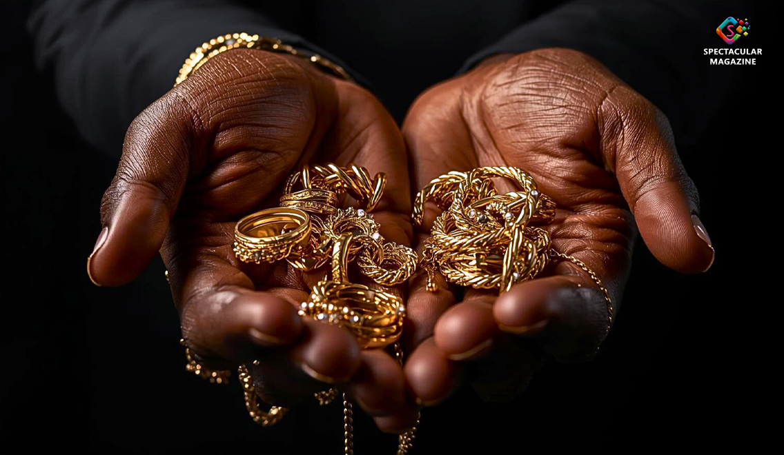 Black man holding gold necklaces and bracelets while evaluating gold jewelry for resale