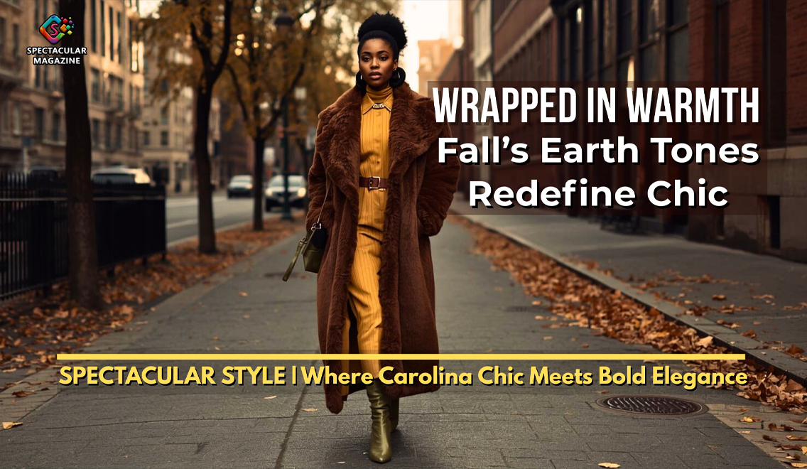 A stylish Black woman walks confidently down a fall city street wearing a long brown faux-fur coat over a golden dress with belted waist and olive boots, embodying the rich earth tones elegance of autumn fashion.