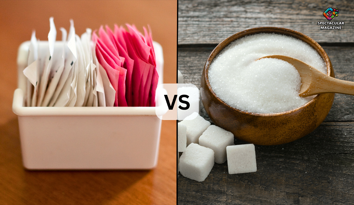 Close-up image of artificial sweeteners and sugar illustrating metabolic and health concerns.