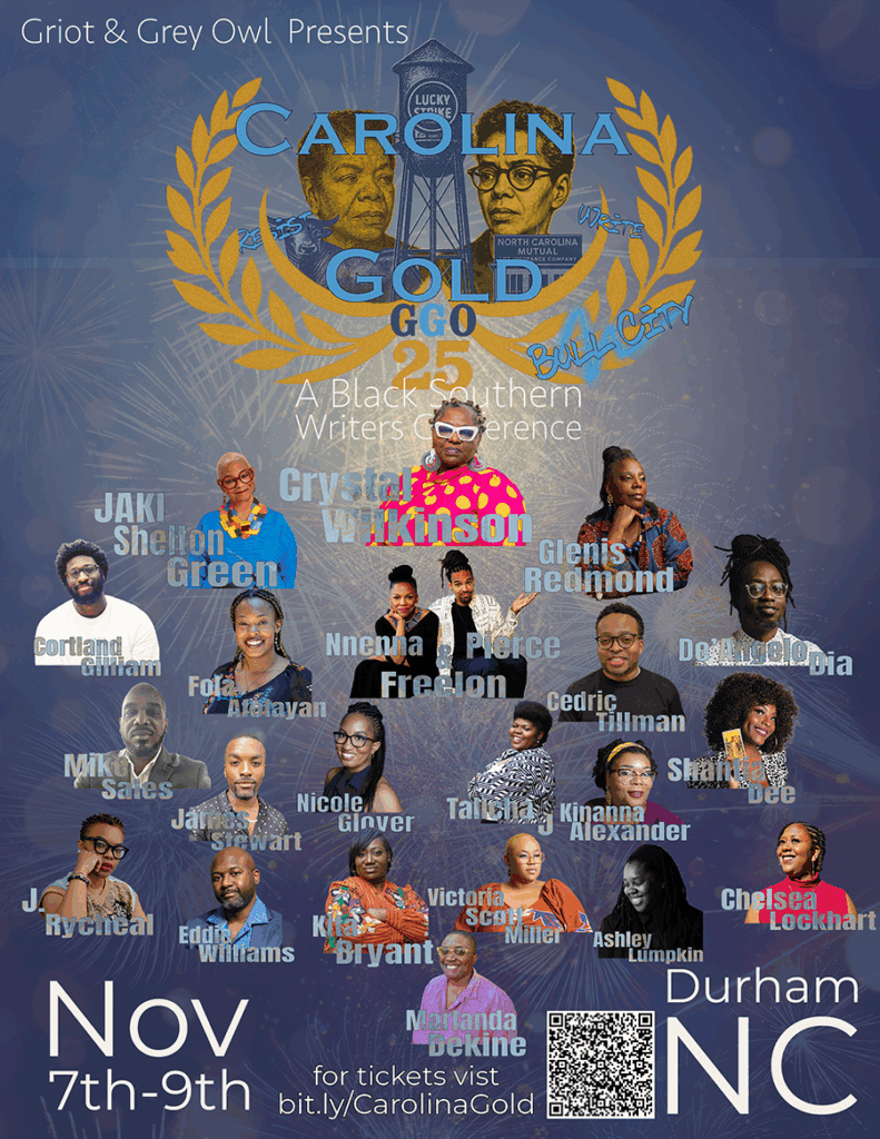 Promotional flyer for the 2025 Griot & Grey Owl Black Southern Writers Conference, featuring guest speakers and event details.