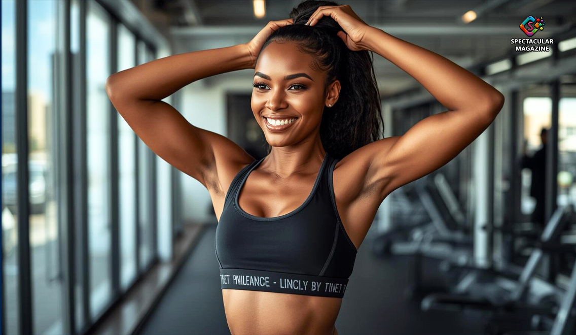 Smiling woman in sleek black sports bra adjusts her ponytail in a modern gym, symbolizing confidence and balance between beauty and fitness