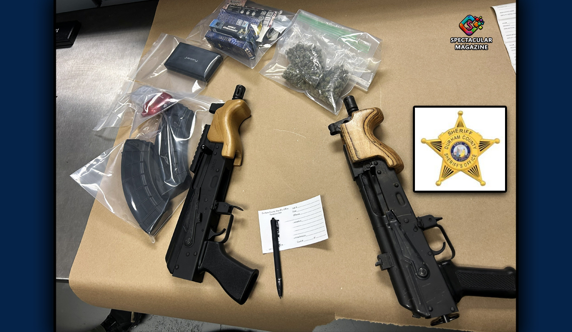 Two semi-automatic Draco handguns, ammunition, and bags of suspected marijuana displayed on an evidence table after a Durham County Sheriff’s Office traffic stop on Dec. 5, 2025.