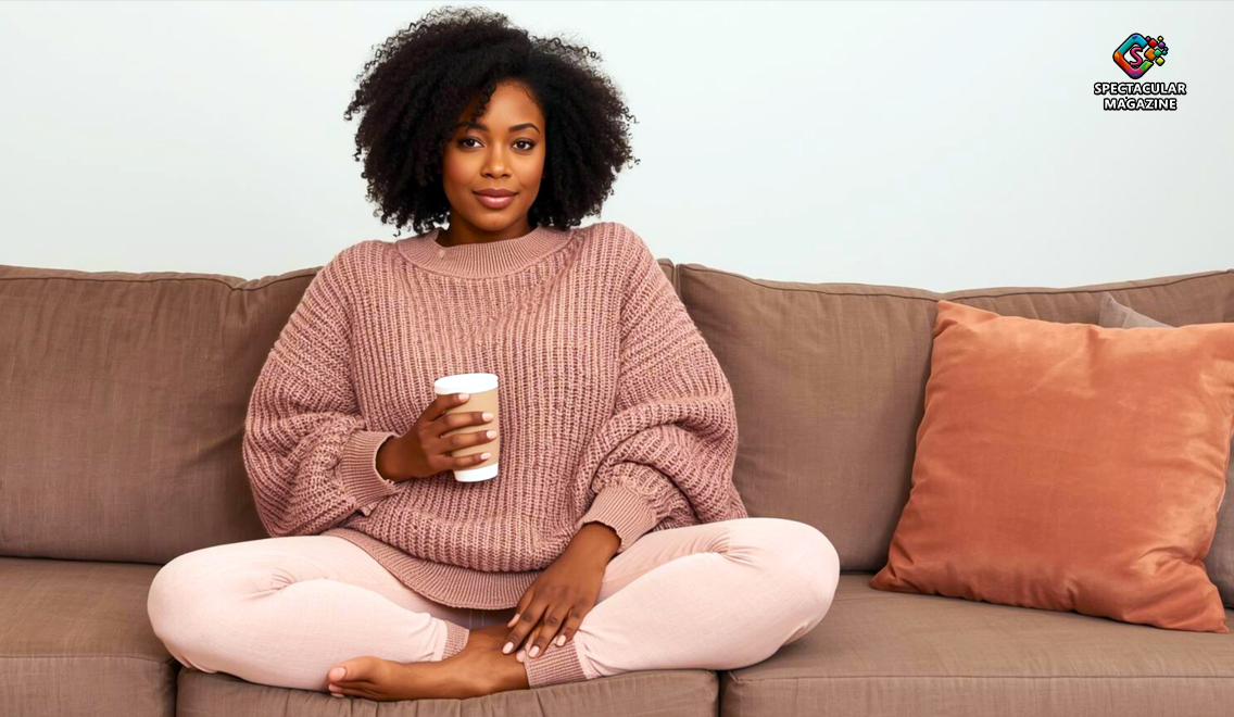 A woman layering cozy winter clothing made of breathable fabrics to maintain comfort and vaginal health.