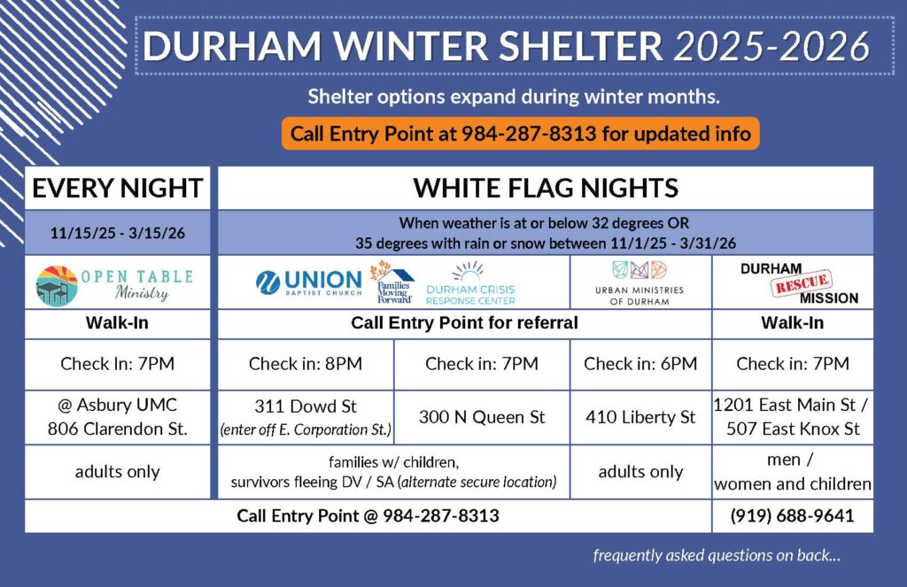 Winter shelter schedule for Durham showing nightly and White Flag options, check-in times, locations, and contact numbers for Entry Point and partner organizations.