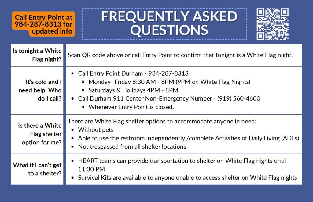 FAQ flyer explaining White Flag nights, who to call for help, shelter eligibility, transportation options, and survival kit availability.