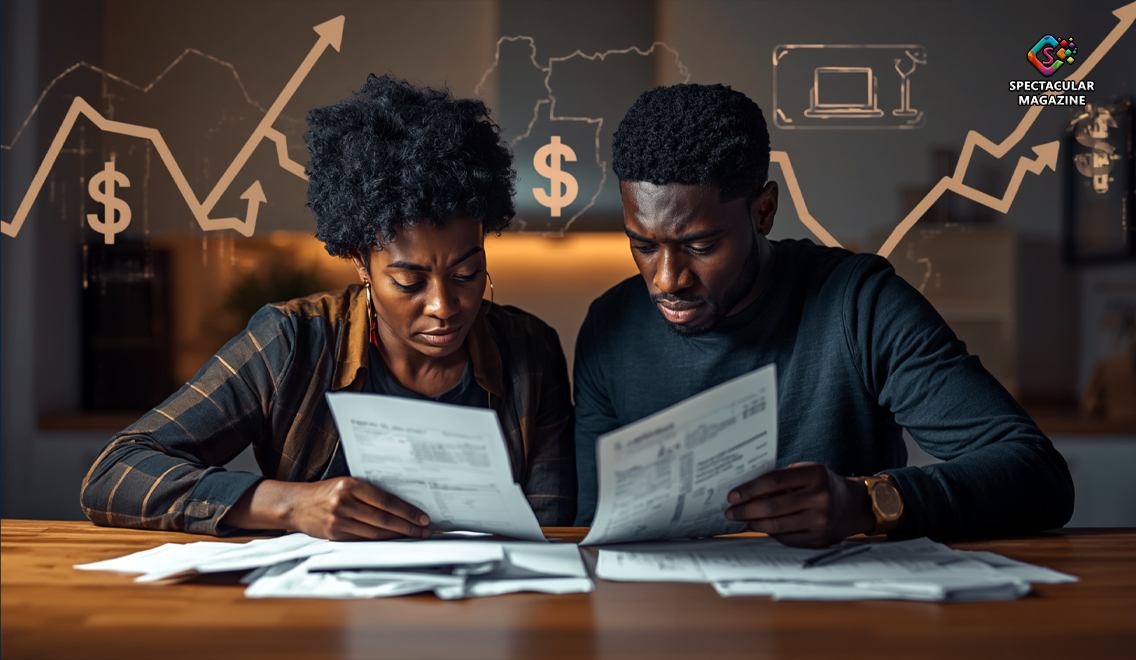 Black family reviewing bills illustrating financial strain and systemic economic inequality known as the Black tax