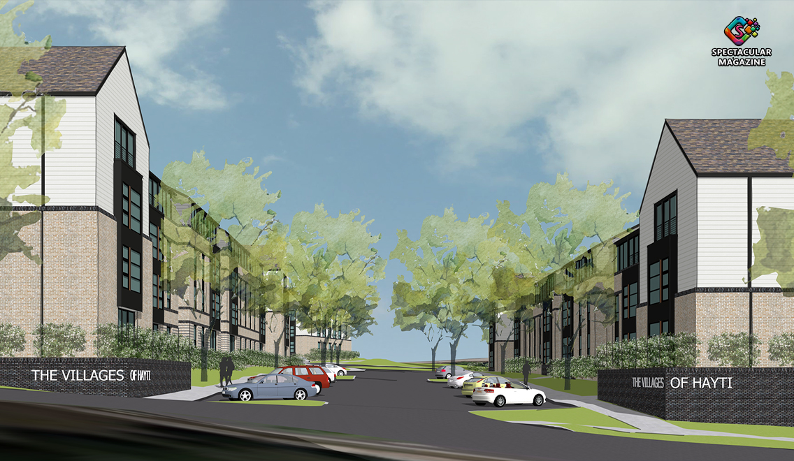 Rendering of the Villages of Hayti main entrance with landscaped streets, apartments, and entrance signage in Durham’s historic Hayti district.
