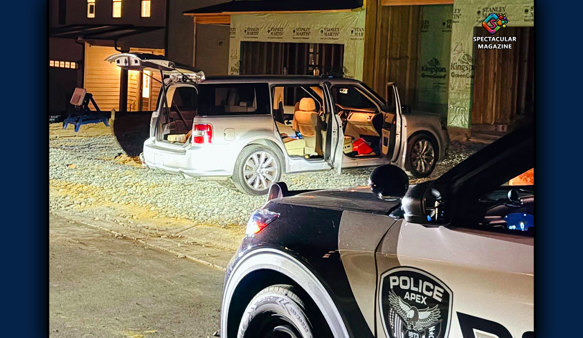 Police investigate stolen vehicle at construction site on Barrier Ridge Way in Apex at night