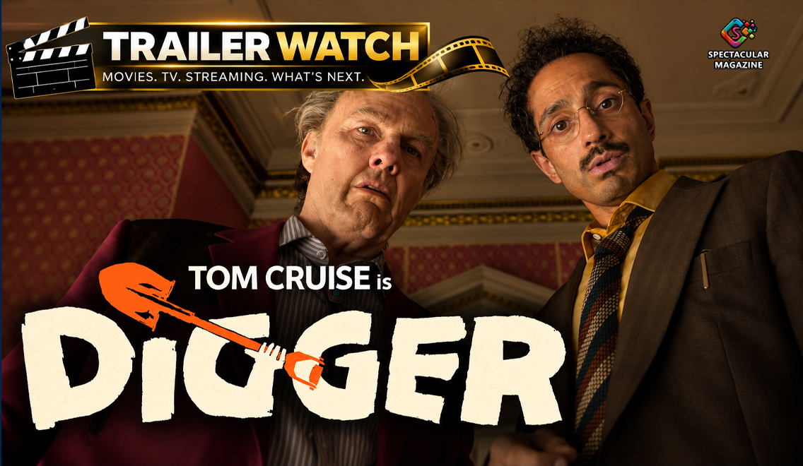 Tom Cruise and Riz Ahmed look down toward the camera in a scene from Alejandro G. Iñárritu’s upcoming film “Digger.”
