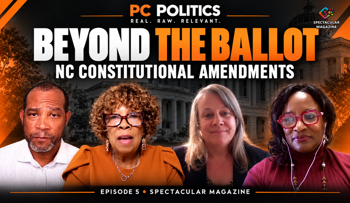 PC Politics Episode 5 graphic featuring Mike Lee, Phyllis Coley, Alexandra Sirota and Michelle Laws beneath “Beyond the Ballot: NC Constitutional Amendments.”