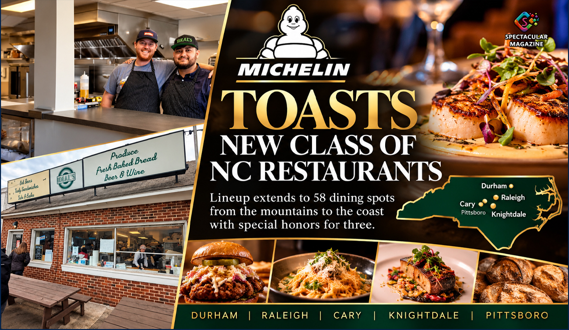 MICHELIN Guide 2026 feature graphic showing Durham's Ideal's Sandwich & Grocery and highlighting restaurants in Durham, Raleigh, Cary, Knightdale and Pittsboro.