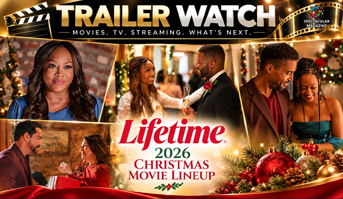 TRAILER WATCH feature graphic showcasing Lifetime's 2026 Christmas movies, with festive scenes from upcoming holiday films and the signature black-and-gold logo.