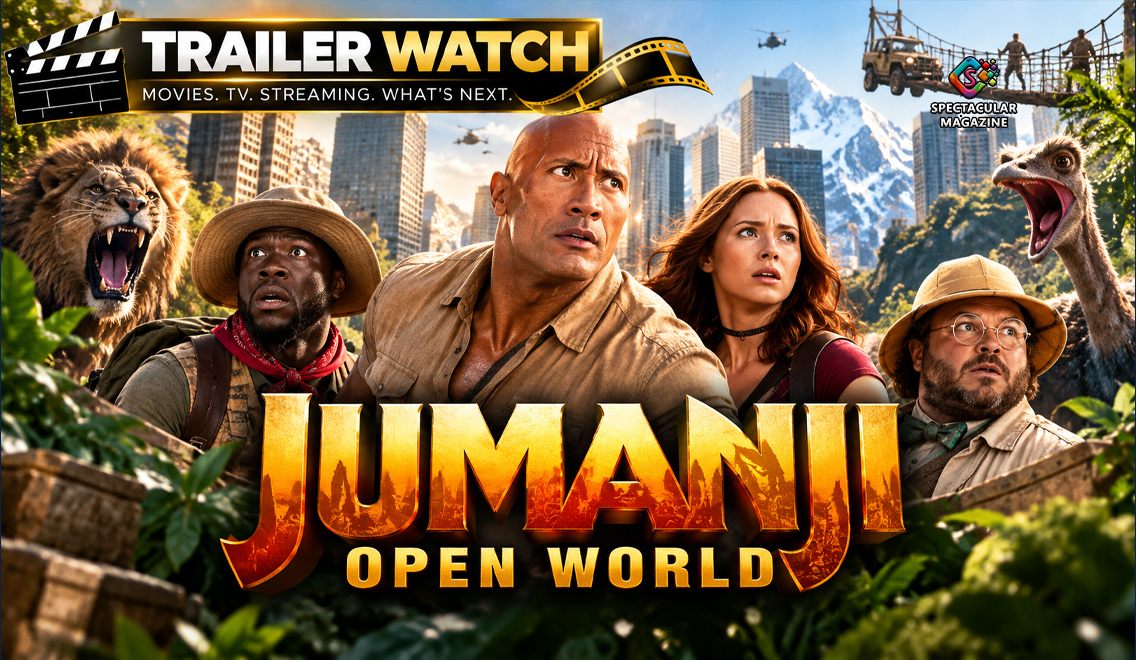 Illustrated Trailer Watch graphic for Jumanji: Open World featuring Dwayne Johnson, Kevin Hart, Karen Gillan and Jack Black surrounded by jungle wildlife and a cityscape.