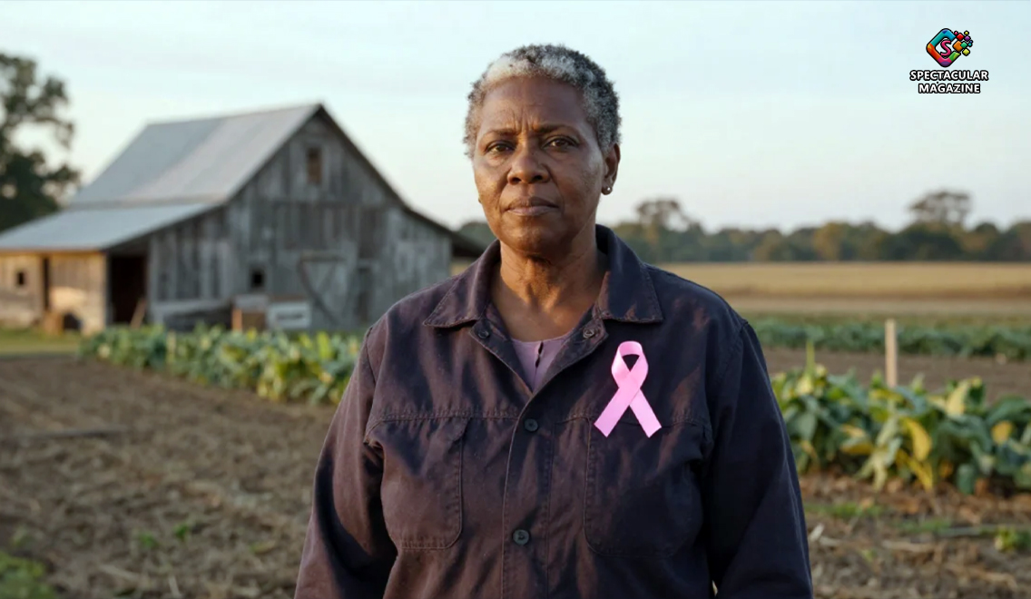 An older Black woman wearing a pink breast cancer awareness ribbon stands in a rural farming community, illustrating research into breast cancer disparities in North Carolina.